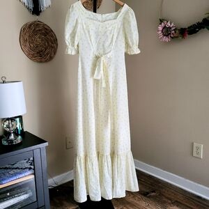 Vintage 70s Cottagecore Prarie Maxi Dress Ivory Yellow Floral Small